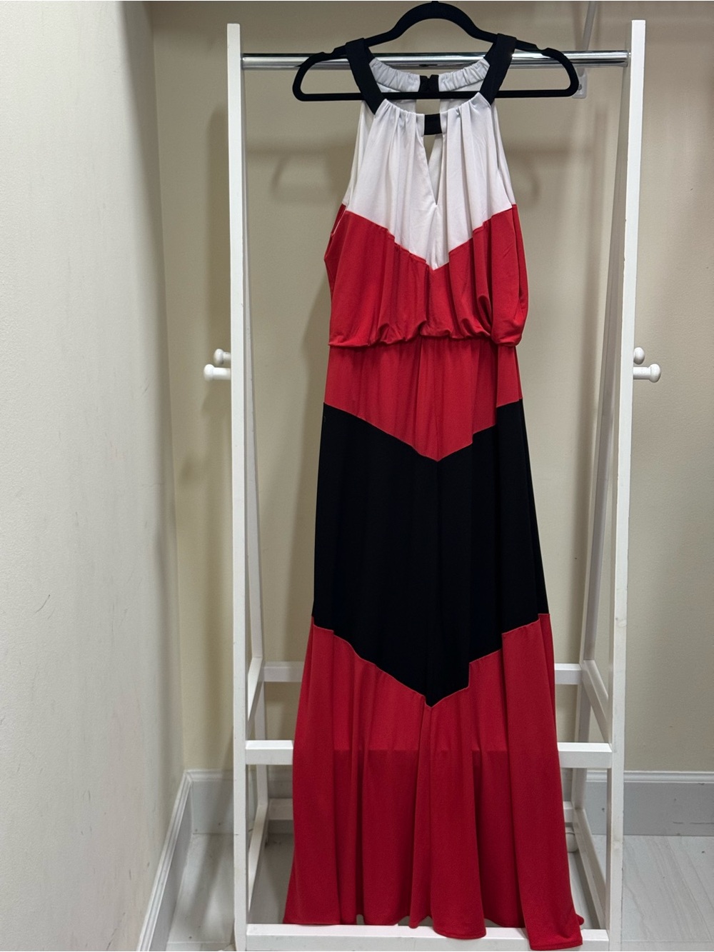 London Times Colorblock Halter Maxi Dress - Red, Black & White